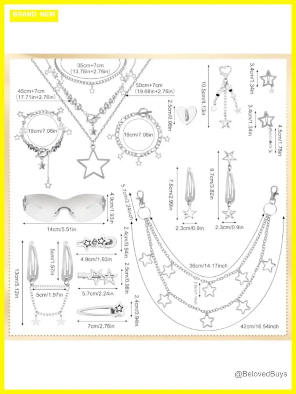Y2K Silver Alloy Jewelry Set Star Necklace Bracelet Sunglasses Keychain